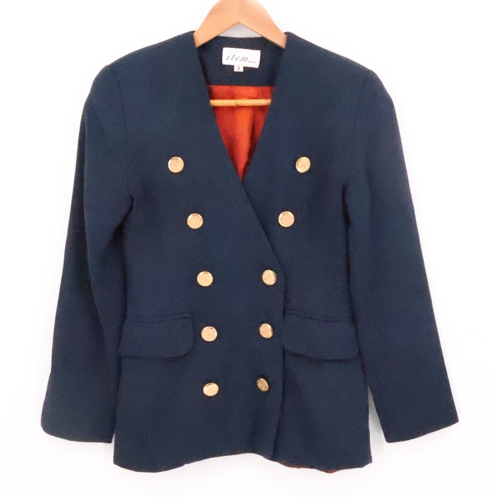 Vintage Military Style Blazer Womens Preppy Navy Wool Blend Gold Button Size 2